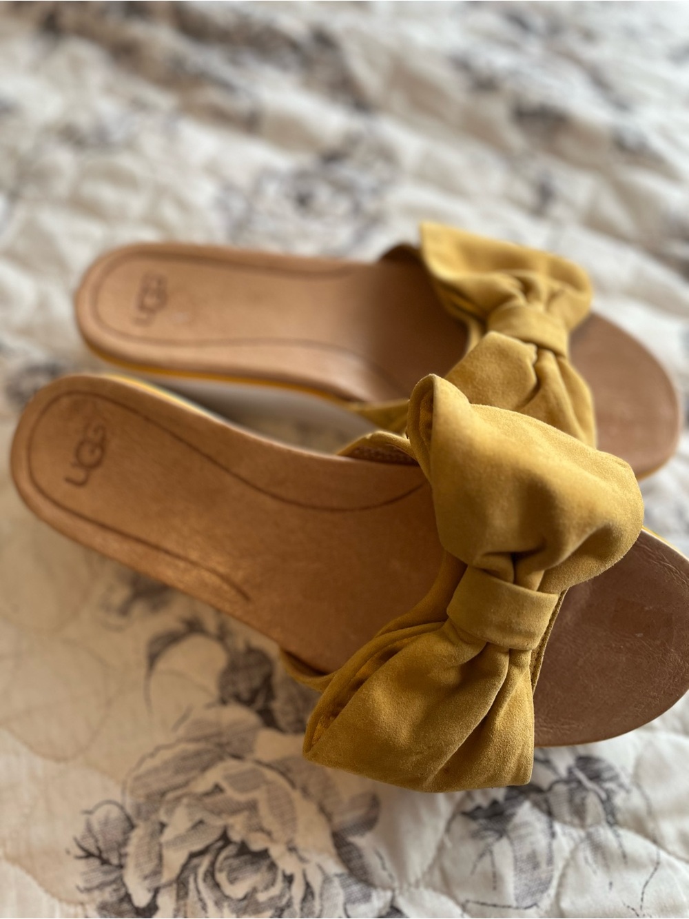 UGG Women's Mustard Suede Bow Slide Sandals